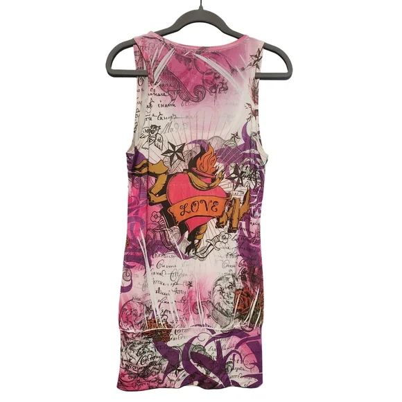 PRESS APPAREL Y2K Ed Hardy Style Purple Tank Mini Dress Small Heart Tattoo 2000s - Picture 3 of 12
